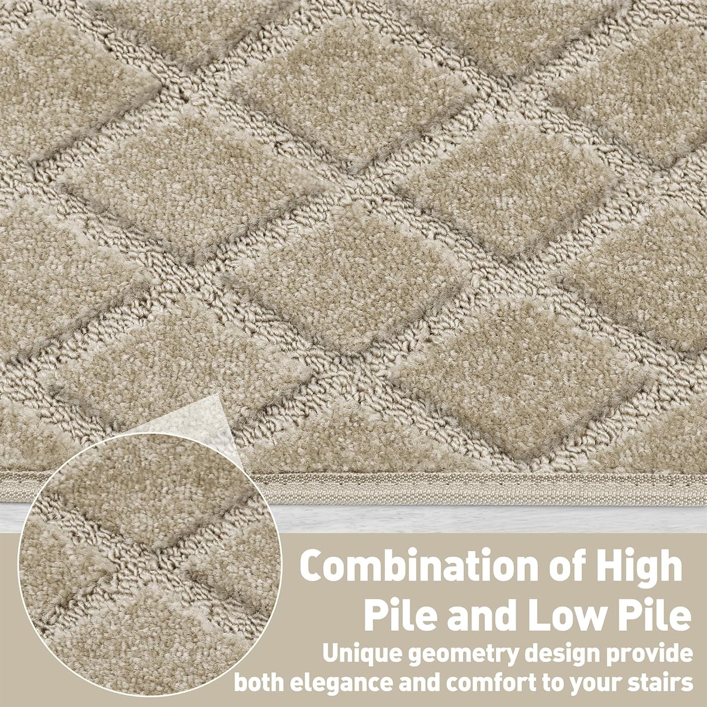 PURE ERA Bullnose Carpet Stair Treads Tape Free Non-Slip Indoor Stair Protectors Pet Friendly Stair Treads for Wooden Steps 9.5" x 30"(14 Pieces, Cream Gray Diamond Trellis)
