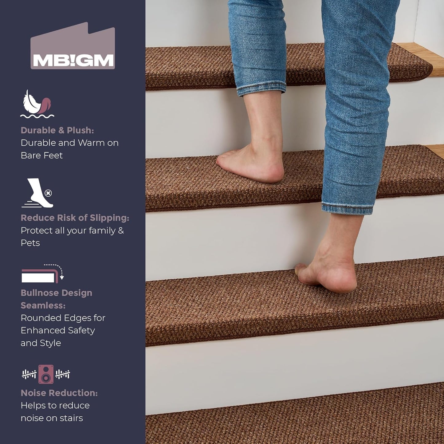 MBIGM Bullnose Non-Slip Stair Treads w/Reusable Adhesive 14 Pack 9.5" x 30" Wooden Steps Protection - TPU Backing with Steel Reinforcement - Anti-Slip Solution Knitted Brown Non Slip Stair Tread