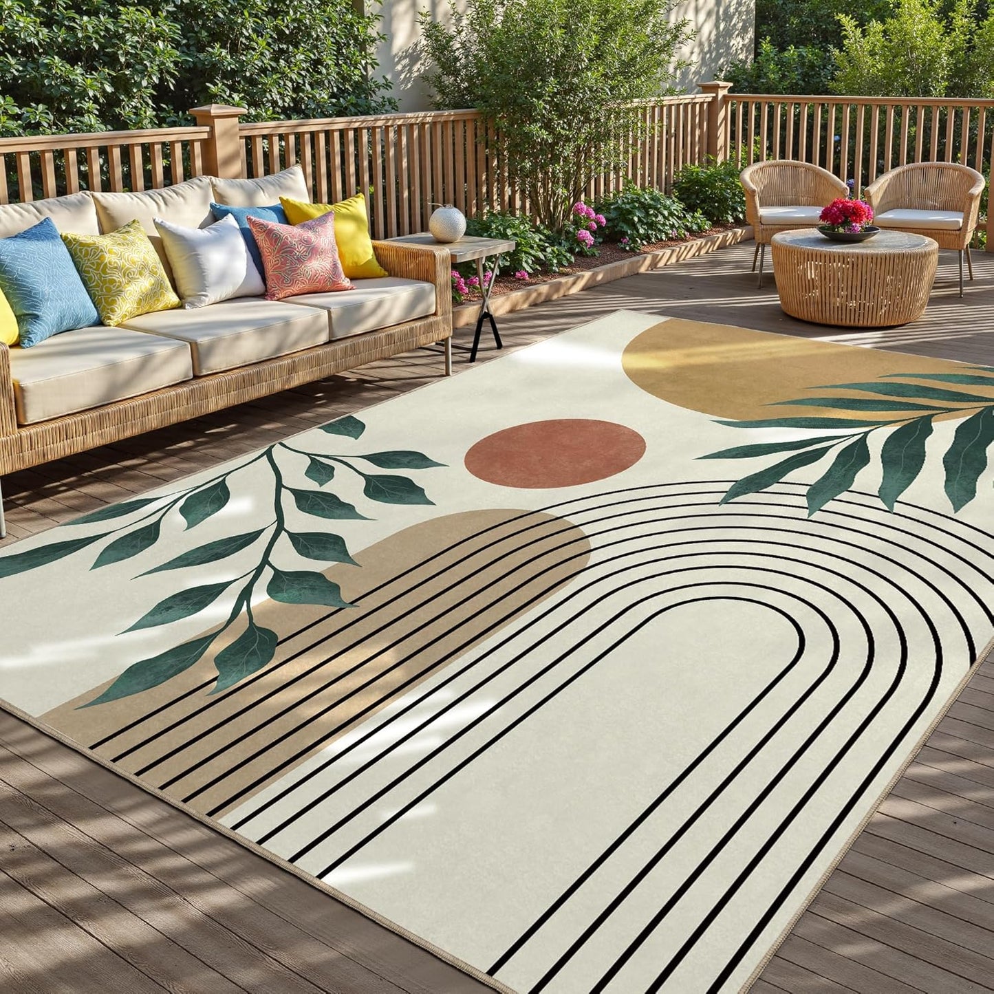 Indoor Outdoor Area Rug, Mid Century Outdoor Patio Rug, Washable Abstract Art Leaves Eucalyptus Rugs, Non-Slip Carpet for Camping, Living Room, Bedroom, Deck(5x8)