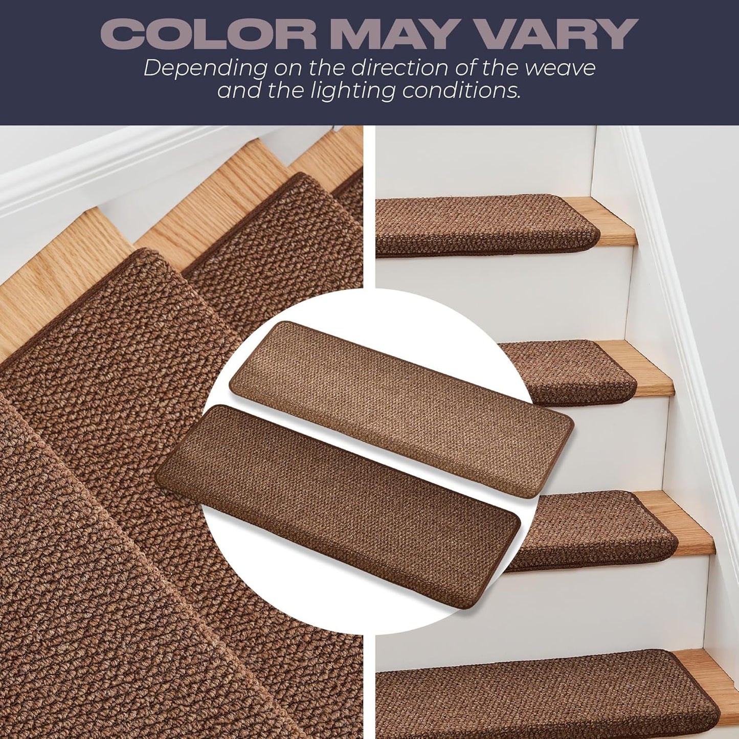 MBIGM Bullnose Non-Slip Stair Treads w/Reusable Adhesive 14 Pack 9.5" x 30" Wooden Steps Protection - TPU Backing with Steel Reinforcement - Anti-Slip Solution Knitted Brown Non Slip Stair Tread