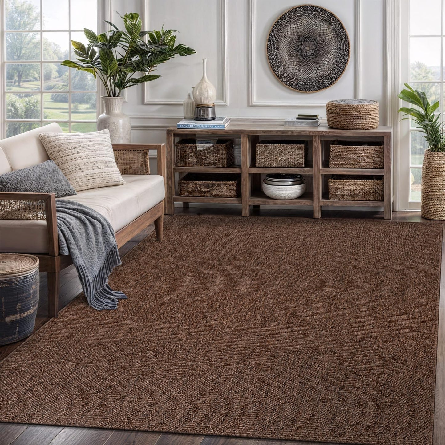 CAMILSON Easy Jute Rug 10x14, Indoor Outdoor Natural Color Fiber Area Rugs for Living Room Patio and Kitchen Rug Herringbone Woven Design Easy-Cleaning Washable Outside Carpet Alfombras 10 x 14