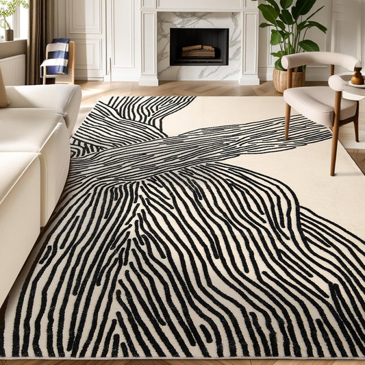 YIHOUSE 9×12 Ft Washable Rug, Black and White Abstract Area Rug for Bedroom, Living Room, Dining Room, Office, Playroom, Nursery, Ultra Thin Nonslip Modern Large Rugs Soft Contemporary Striped Rugs