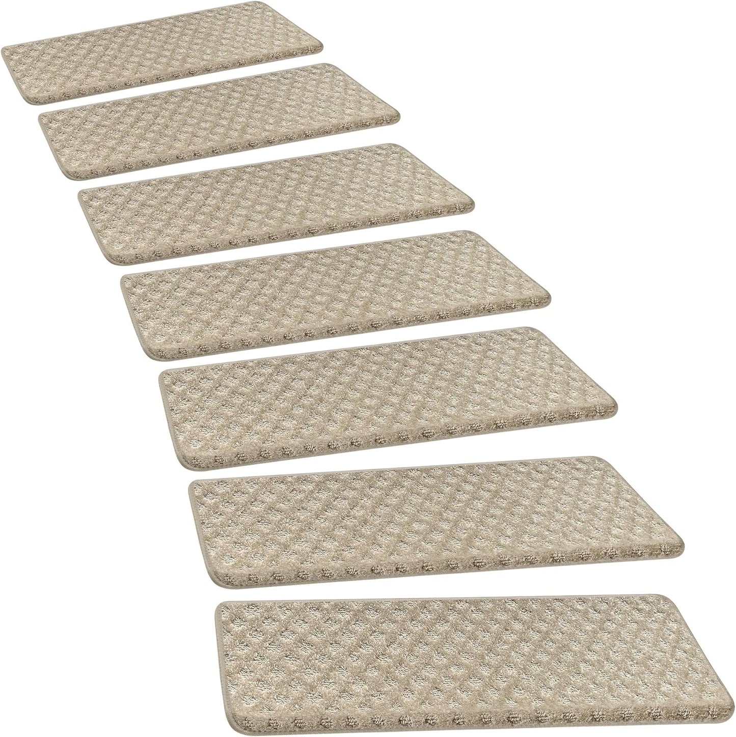 PURE ERA Bullnose Carpet Stair Treads Tape Free Non-Slip Indoor Stair Protectors Pet Friendly Stair Treads for Wooden Steps 9.5" x 30"(14 Pieces, Cream Gray Diamond Trellis)