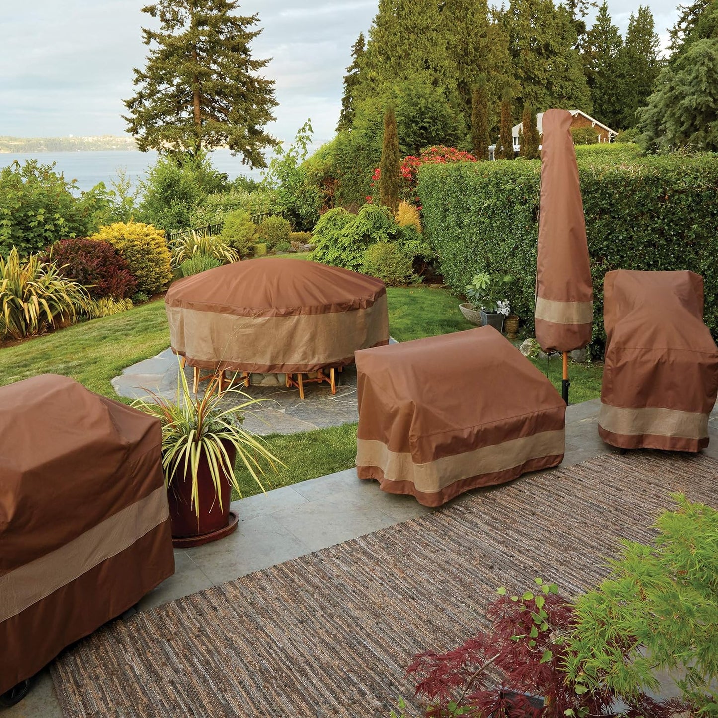 DUCKCOVERS Ultimate Waterproof Rectangular/Oval Patio Table with Chairs Cover, 125 Inch