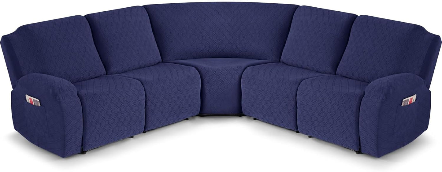 VANSOFY Extra Large Reclining Sectional Couch Covers, Washable 5-Piece Sofa Covers for L Shape Sectional Sofa Corner Seater, Thick, Soft Sofa Slipcovers (5 Seat Recliner Cover, Navy Blue)