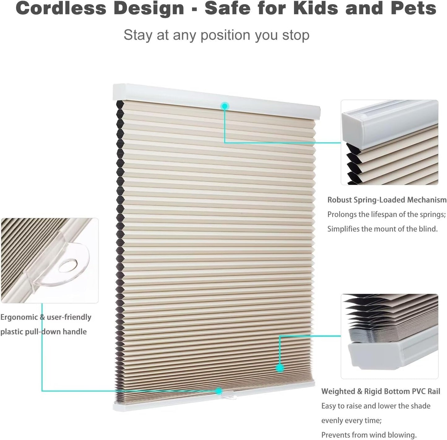 MYshade Blackout Cordless Cellular Shades Honeycomb Shade for Indoor Windows Room Darkening Blinds for Home Office Pull Down Window Shades Easy to Install 72 inch Wide, H72 Beige Pleated Shade