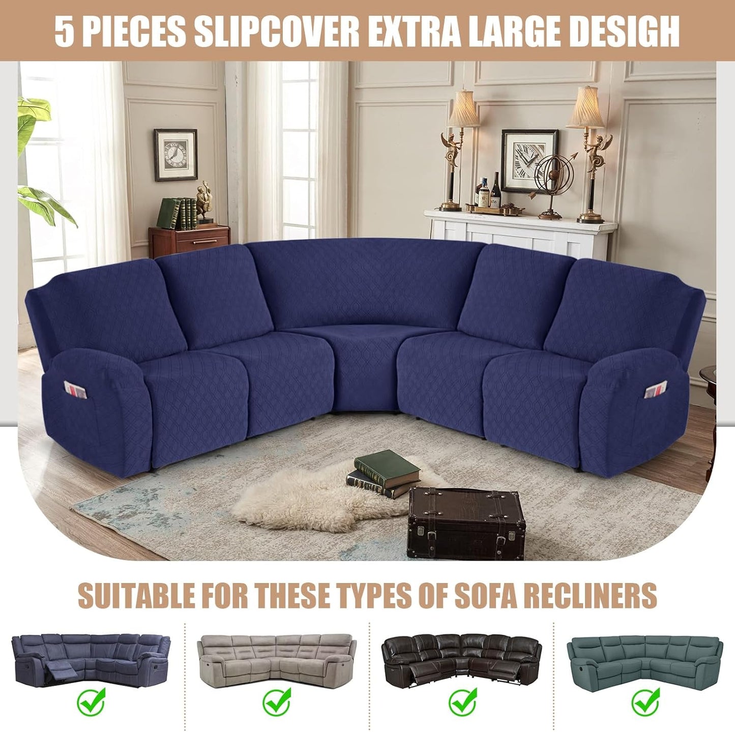 VANSOFY Extra Large Reclining Sectional Couch Covers, Washable 5-Piece Sofa Covers for L Shape Sectional Sofa Corner Seater, Thick, Soft Sofa Slipcovers (5 Seat Recliner Cover, Navy Blue)