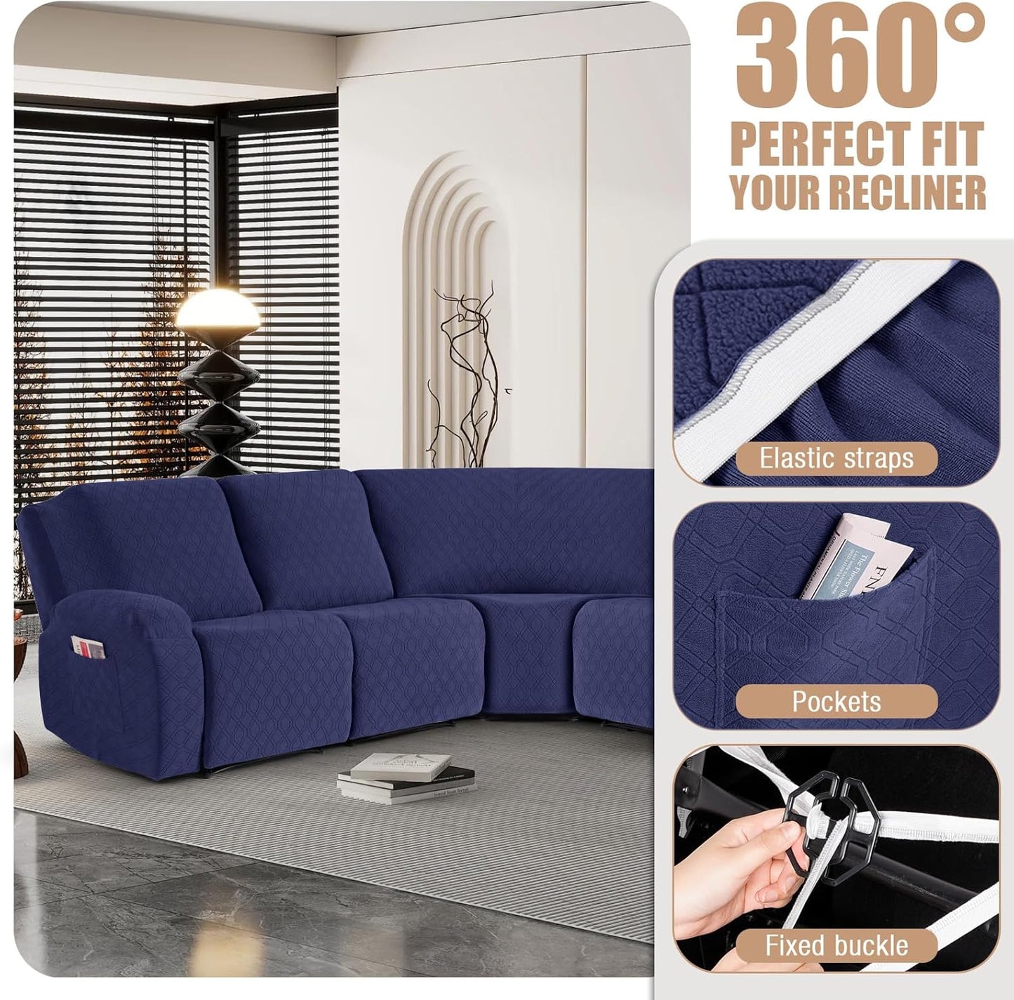 VANSOFY Extra Large Reclining Sectional Couch Covers, Washable 5-Piece Sofa Covers for L Shape Sectional Sofa Corner Seater, Thick, Soft Sofa Slipcovers (5 Seat Recliner Cover, Navy Blue)