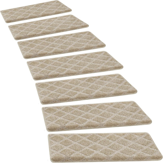 PURE ERA Bullnose Carpet Stair Treads Tape Free Non-Slip Indoor Stair Protectors Pet Friendly Stair Treads for Wooden Steps 9.5" x 30"(14 Pieces, Cream Gray Diamond Trellis)